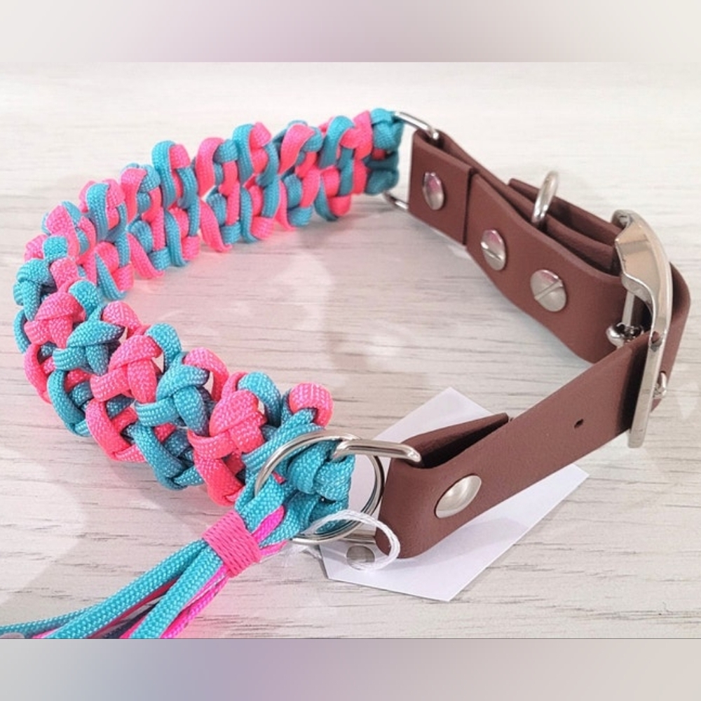 1" Paracord Dog Collar with Adjustable Adapter - Pink and Teal